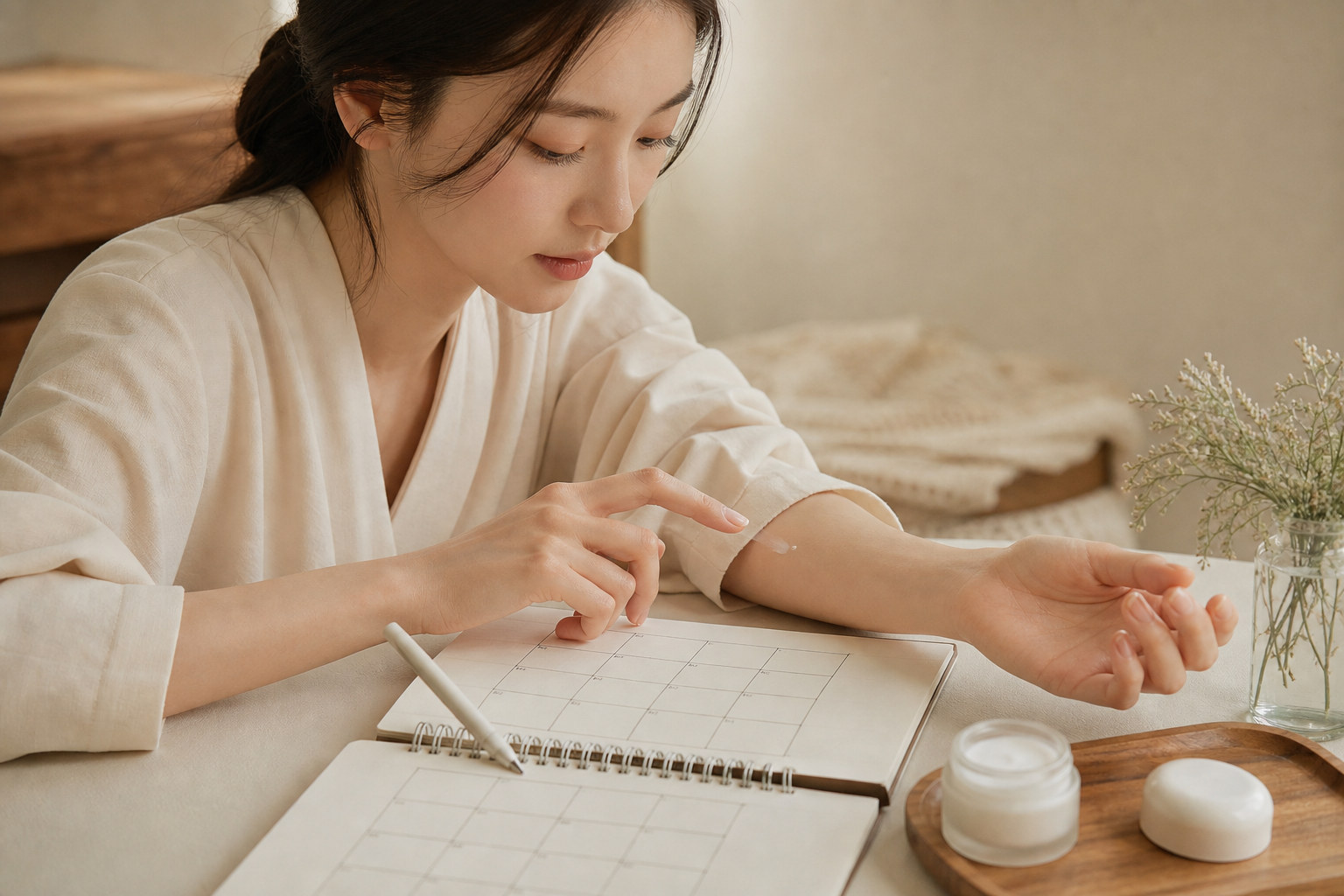 팔 안쪽 작은 부위에 새 화장품을 시험하고 날짜를 기록하는 모습