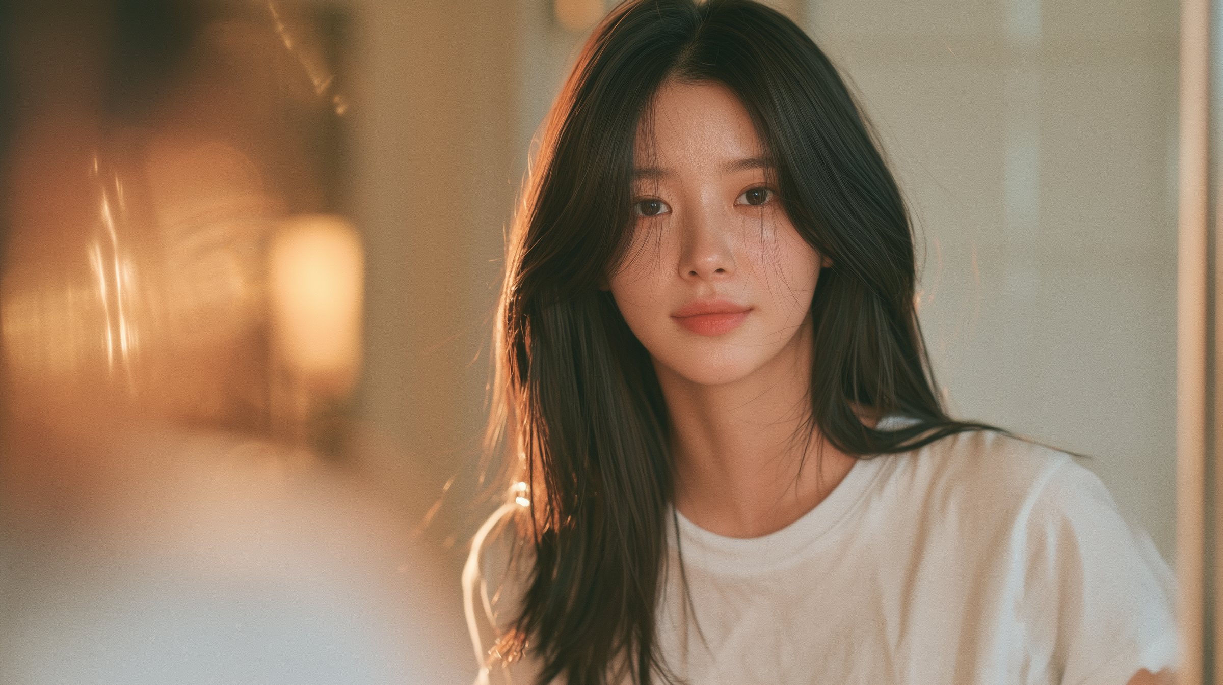 따뜻한 조명 아래 거울 앞에 앉은 여성