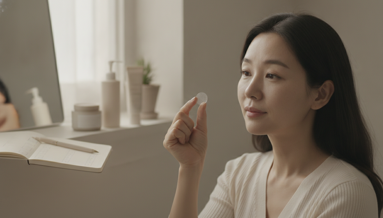 손가락 끝에 올린 작고 둥근 투명 패치