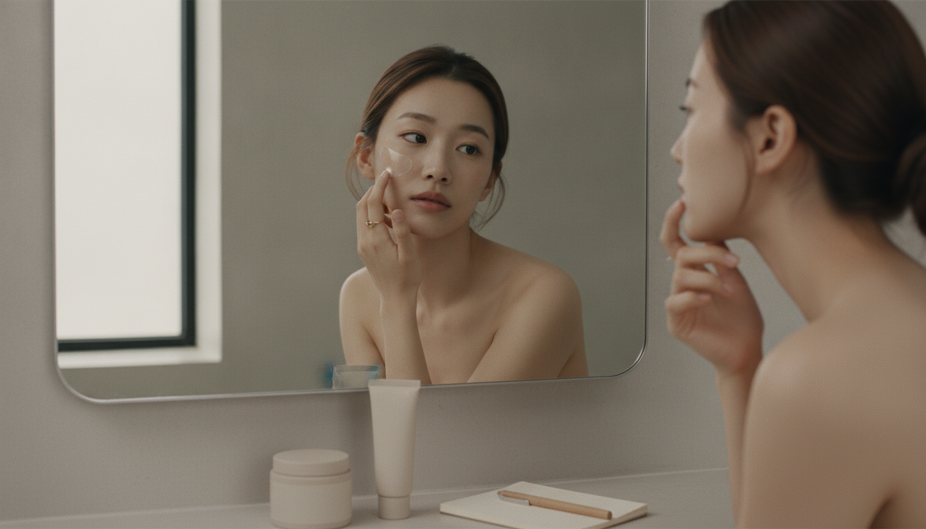 거울 앞에서 볼에 붙인 패치의 가장자리를 살펴보는 얼굴
