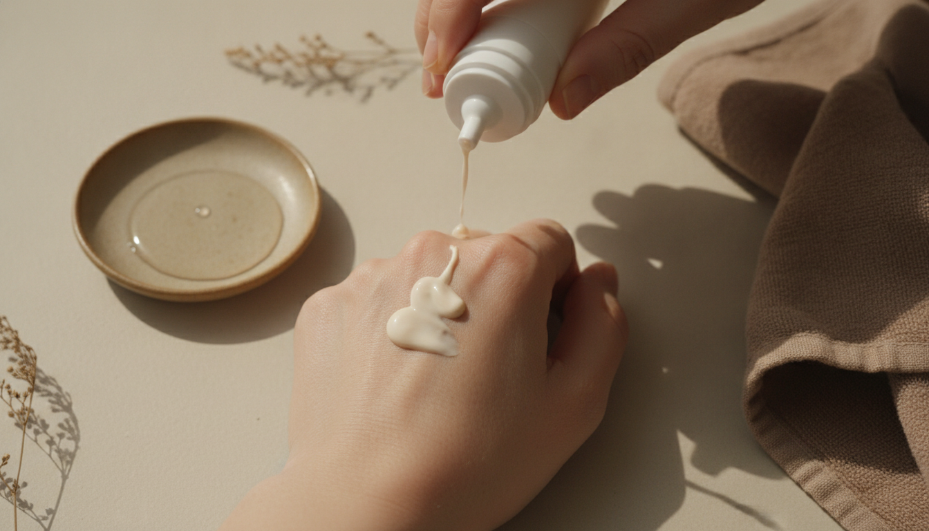 세안 뒤 아침 마지막 단계로 자외선차단제를 덜어 바르는 손