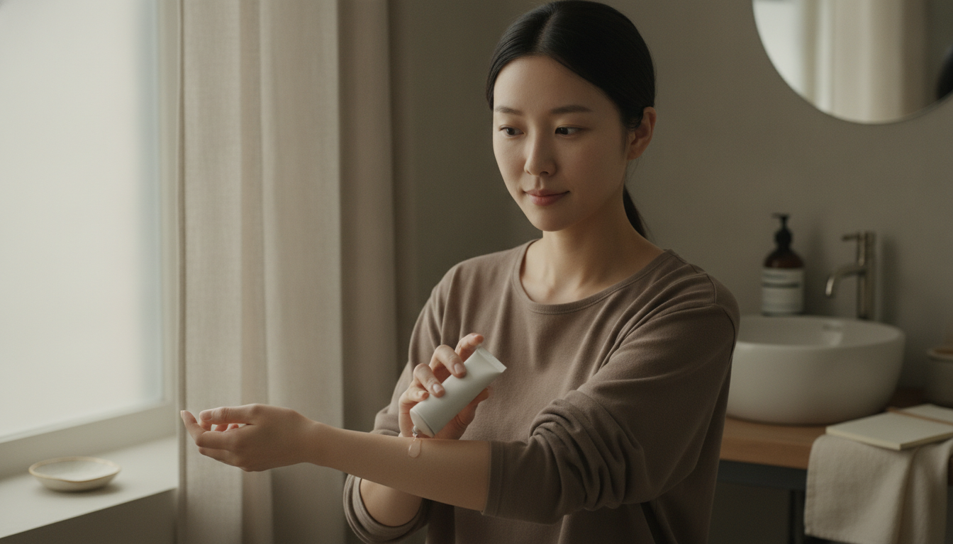 팔 안쪽 한 곳에 세럼을 조금 덜어 바르는 장면
