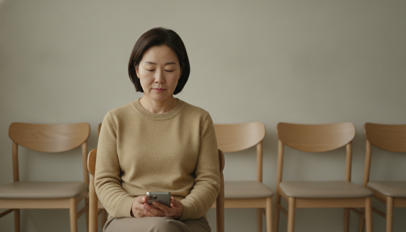 진료 접수를 기다리며 대기실에 앉아 있는 사람