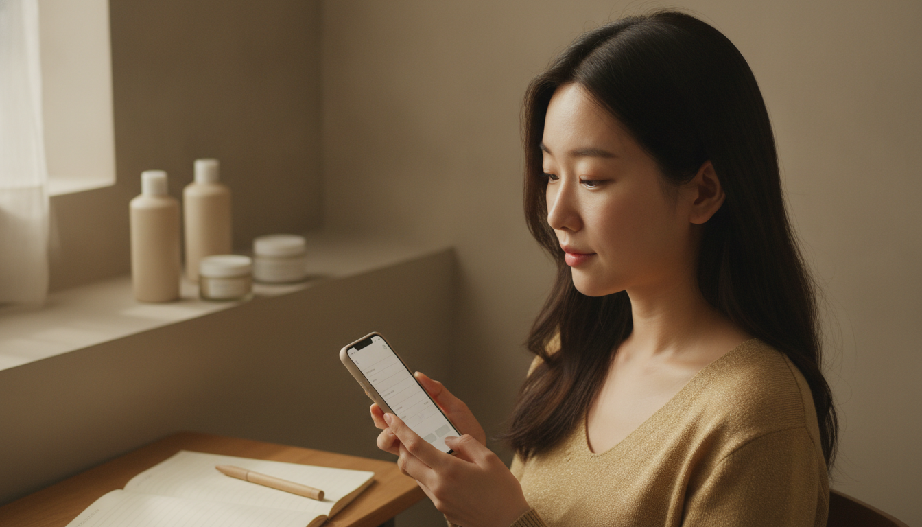 휴대전화로 피부과 진료 예약 화면을 들여다보는 손