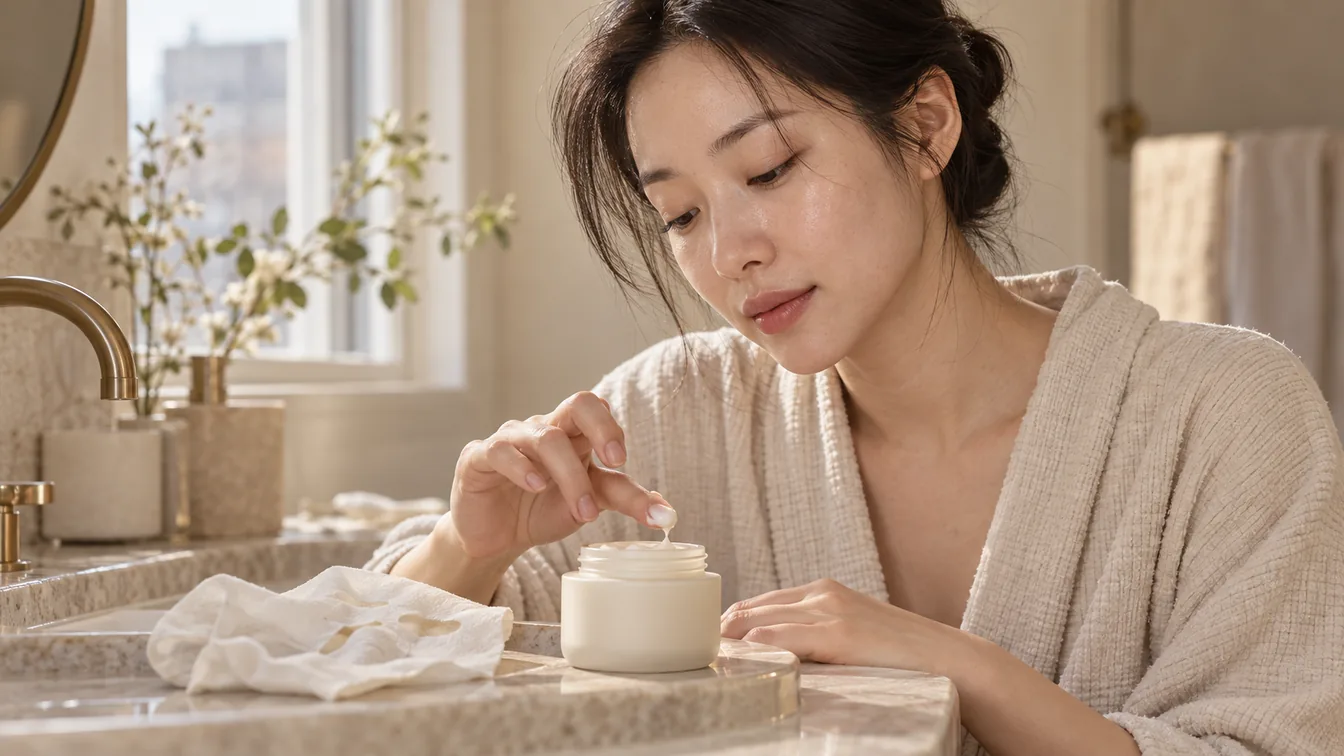 세면대 옆에 떼어 낸 시트를 접어 두고 크림을 덜어 내는 손