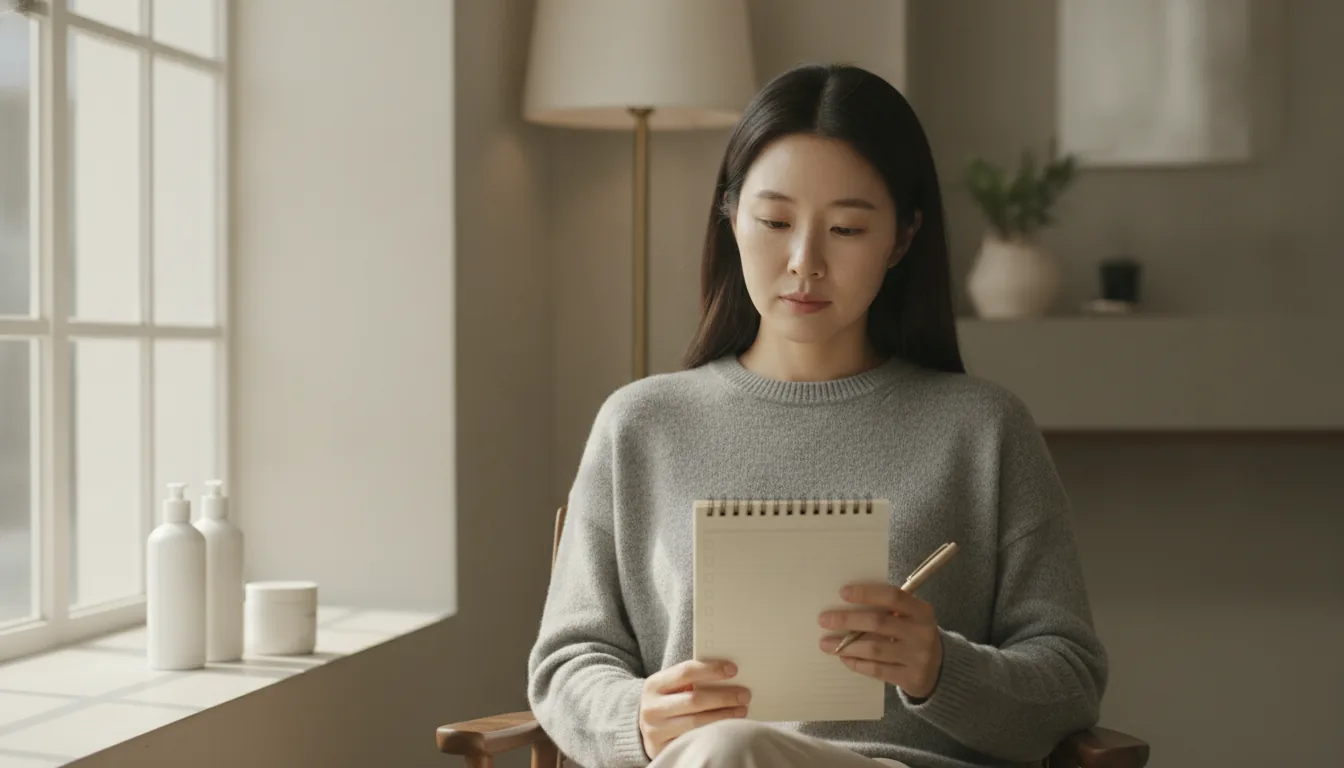피부과 대기실에서 메모를 보며 순서를 기다리는 사람