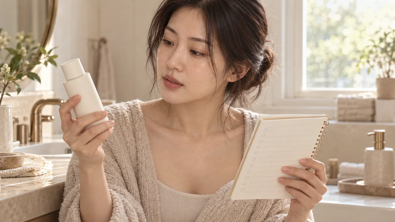 화장품 용기 뒷면의 성분 이름을 메모지 표에 옮겨 적는 손