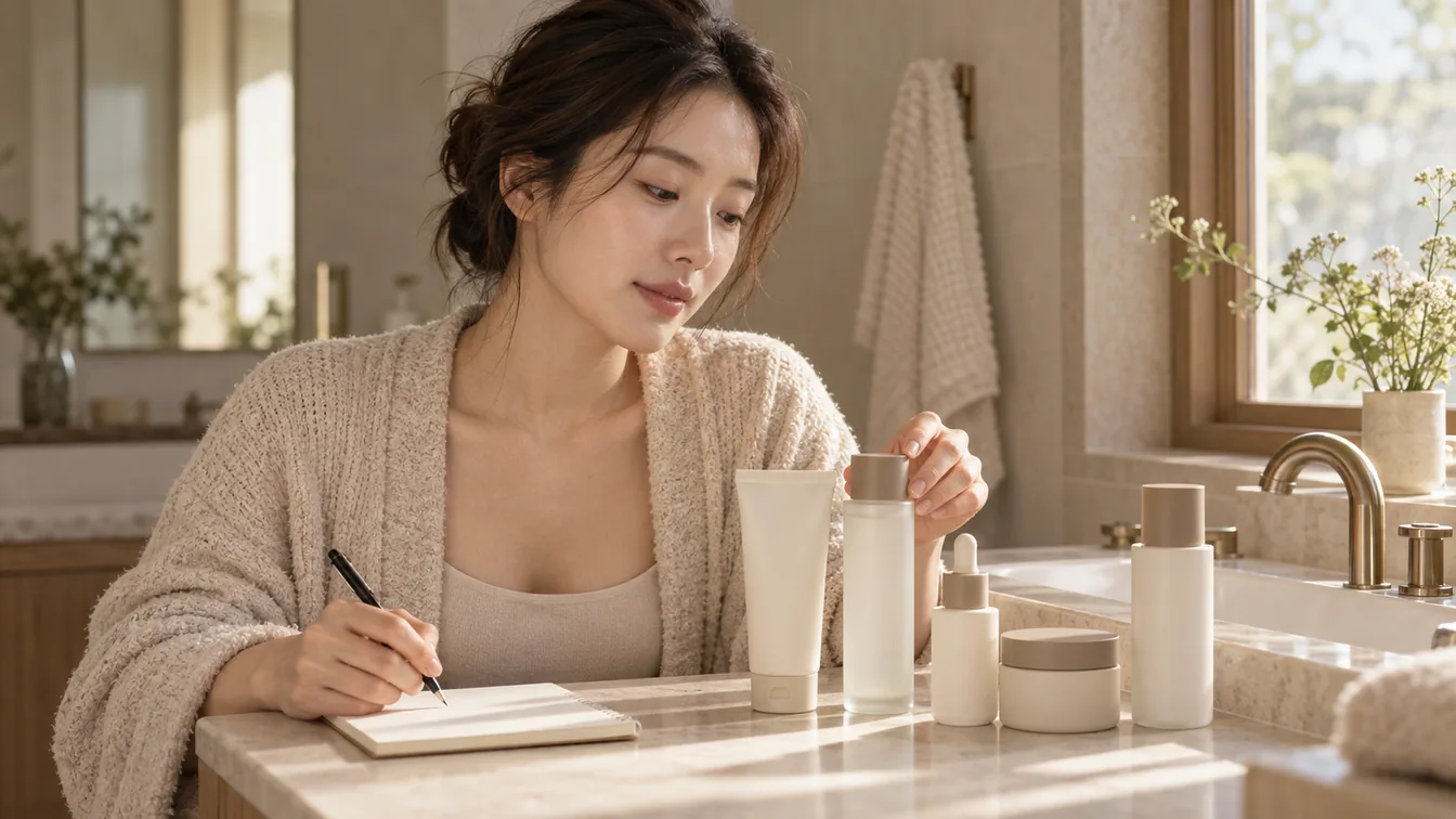 세면대 옆에 쓰는 제품을 줄지어 놓고 메모지에 표시하는 손