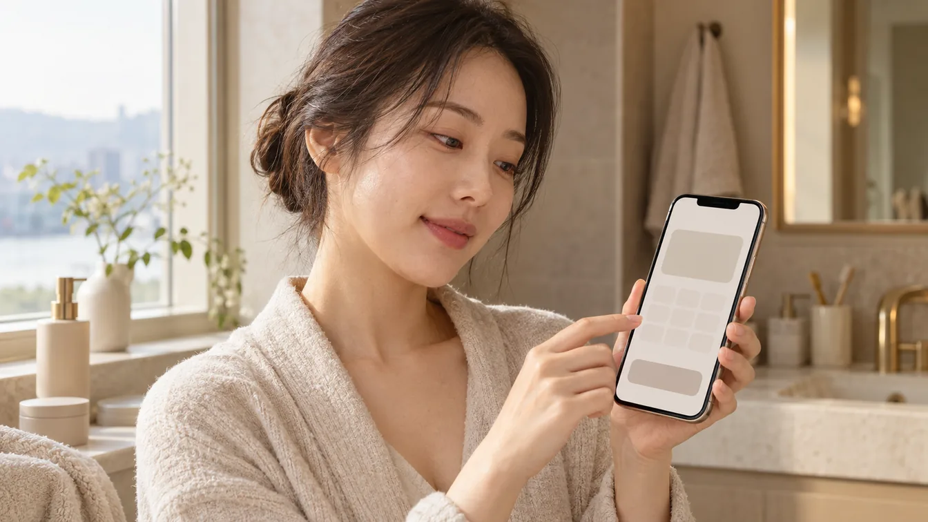 휴대전화로 피부과 진료 예약 화면을 여는 손