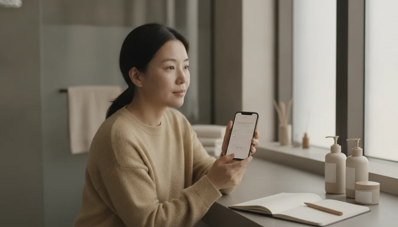 휴대전화로 피부과 진료 예약 화면을 들여다보는 손