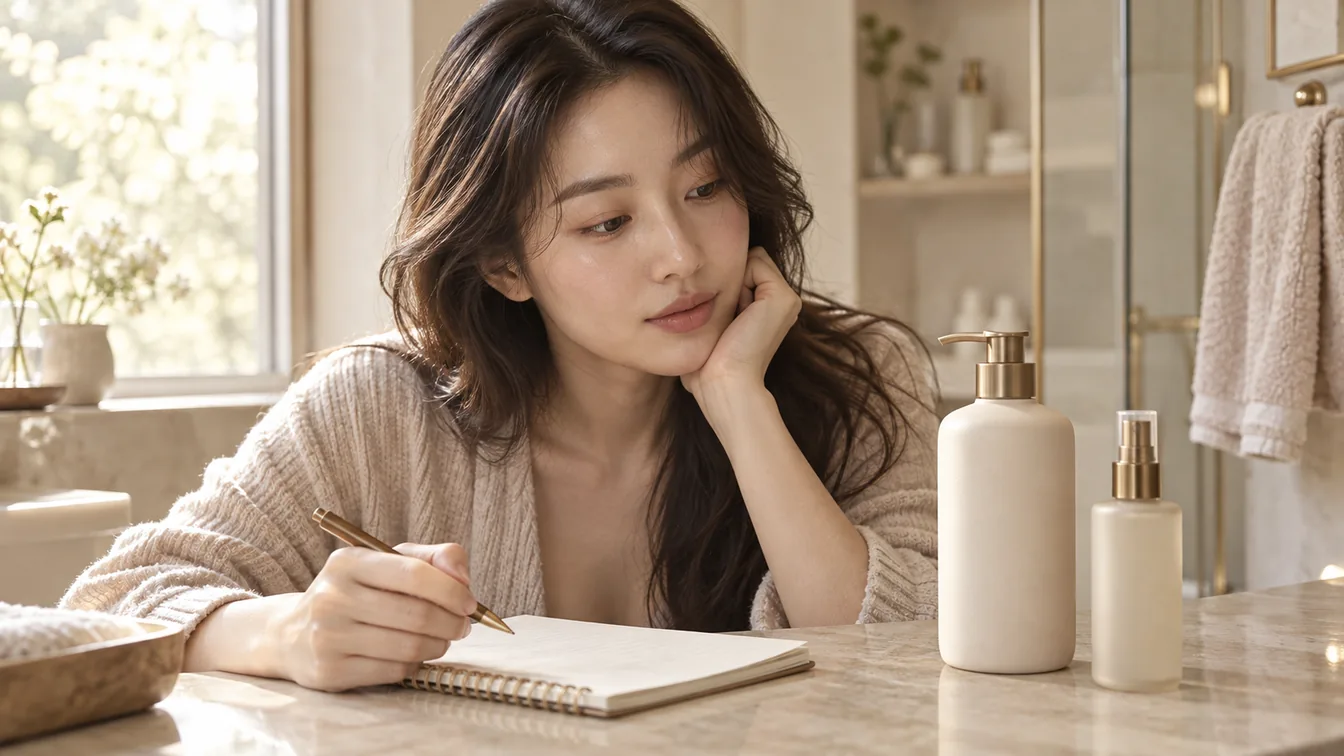 바디워시와 미스트 용기 옆 메모지에 표기를 옮겨 적는 손