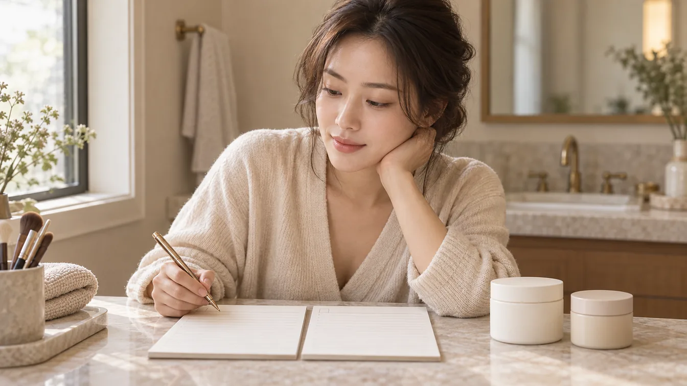 메모지에 두 크림의 전성분을 나란히 옮겨 적는 손