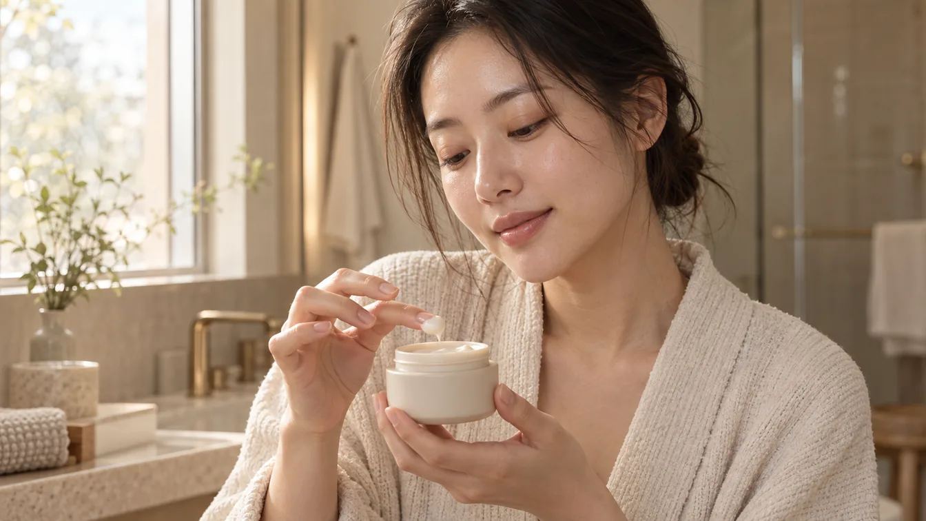 세안 후 토너 다음 마지막 단계로 크림을 덜어 내는 손