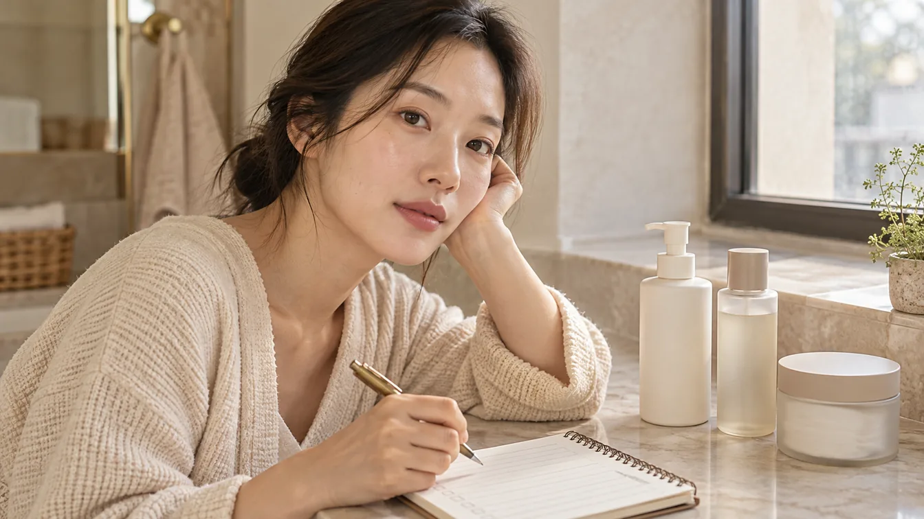 메모지 표에 제품별 성분 이름과 숫자를 옮겨 적는 손