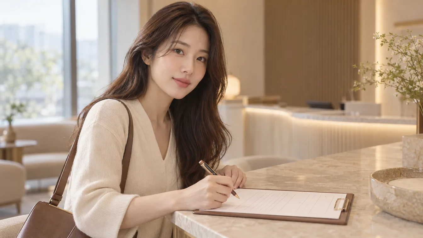 피부과 접수대에서 문진표를 적는 손