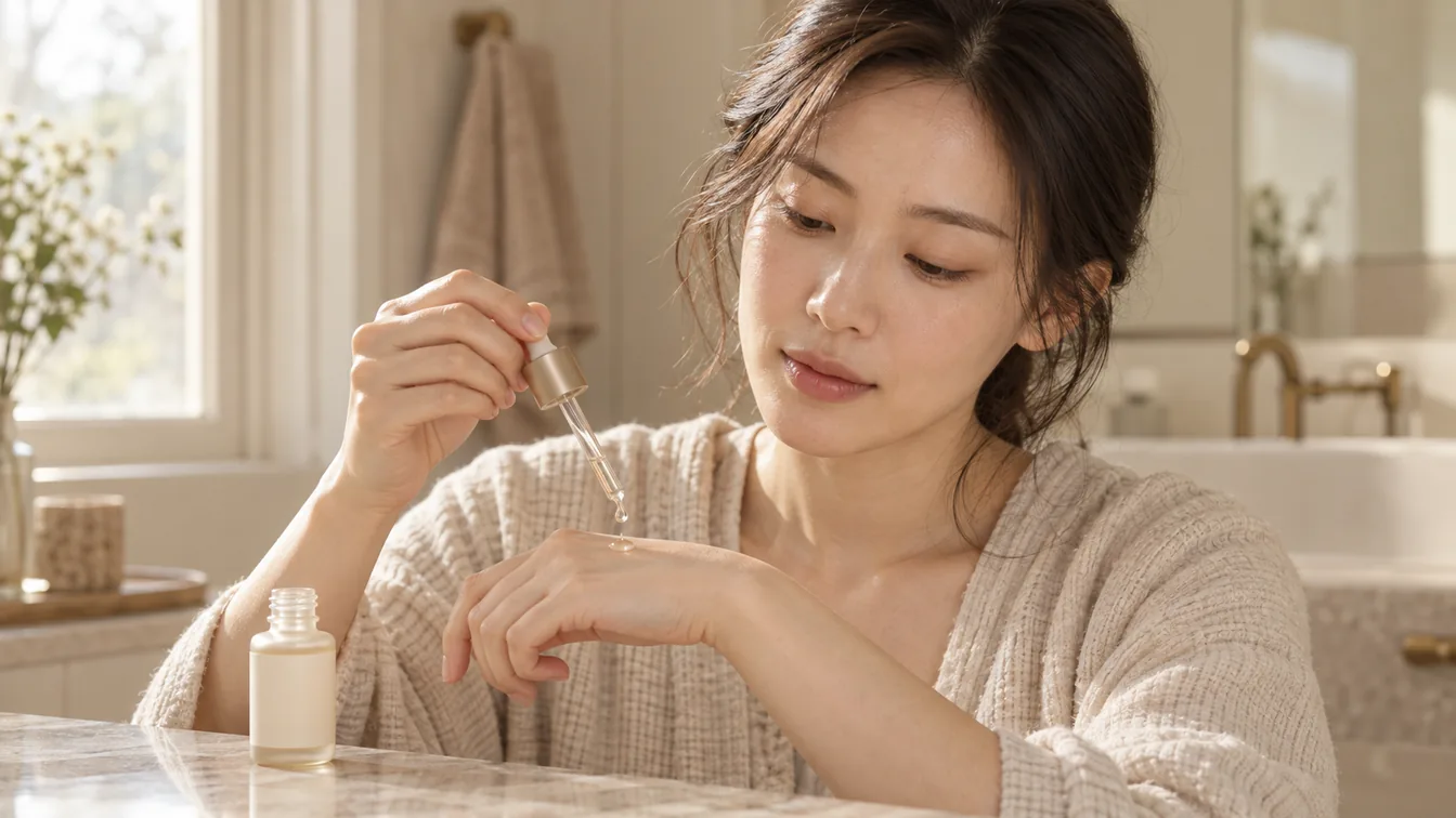 스포이드 앰플 한 병을 손등에 한 방울 떨어뜨려 보는 모습