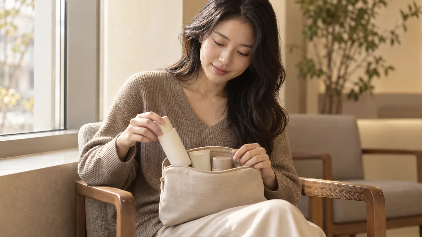 쓰던 화장품 용기 몇 개를 파우치에 담아 진료 대기실 의자에 앉은 모습