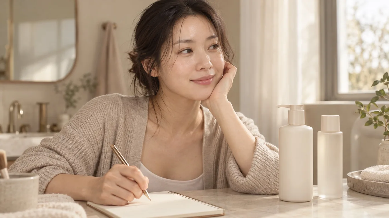 클렌징 밀크와 클렌징 워터 용기 옆 메모지에 사용 방법을 옮겨 적는 손