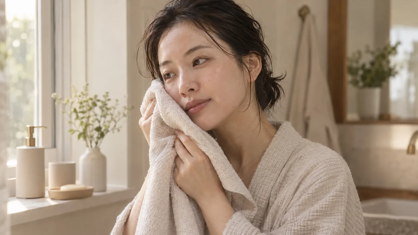 미지근한 물로 얼굴을 헹군 뒤 수건으로 가볍게 두드려 말리는 사람