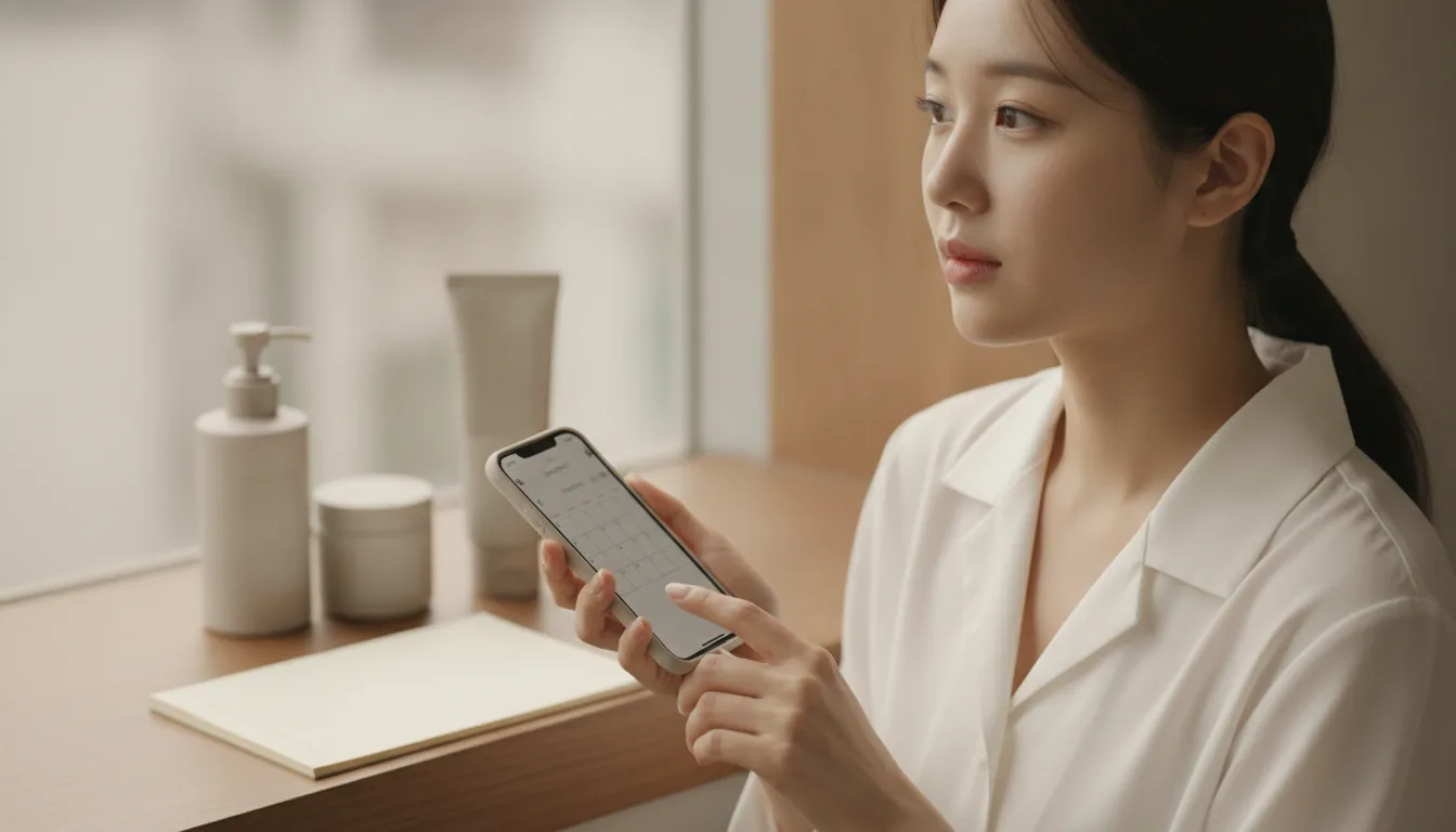 휴대전화로 피부과 진료 예약 화면을 여는 손