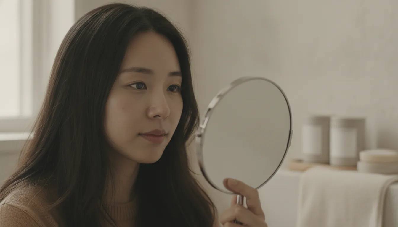 콧등의 검은 점과 콧볼 옆의 붉은 돌기를 거울로 비교하는 얼굴
