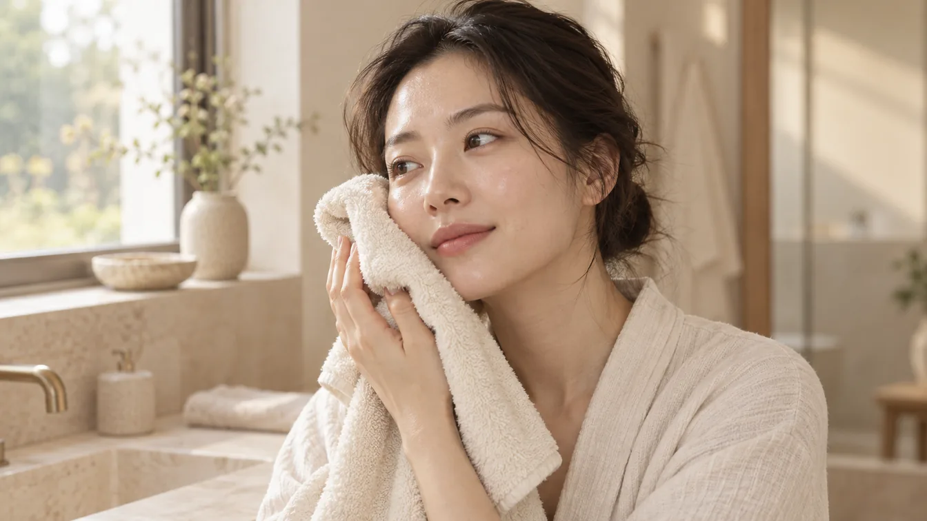 세안 후 수건으로 얼굴을 가볍게 누르는 사람