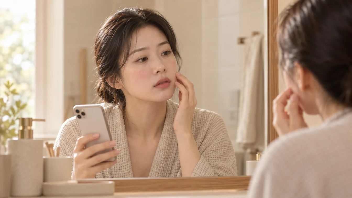 붉어진 볼을 거울로 살피며 휴대전화로 진료 예약 화면을 여는 사람