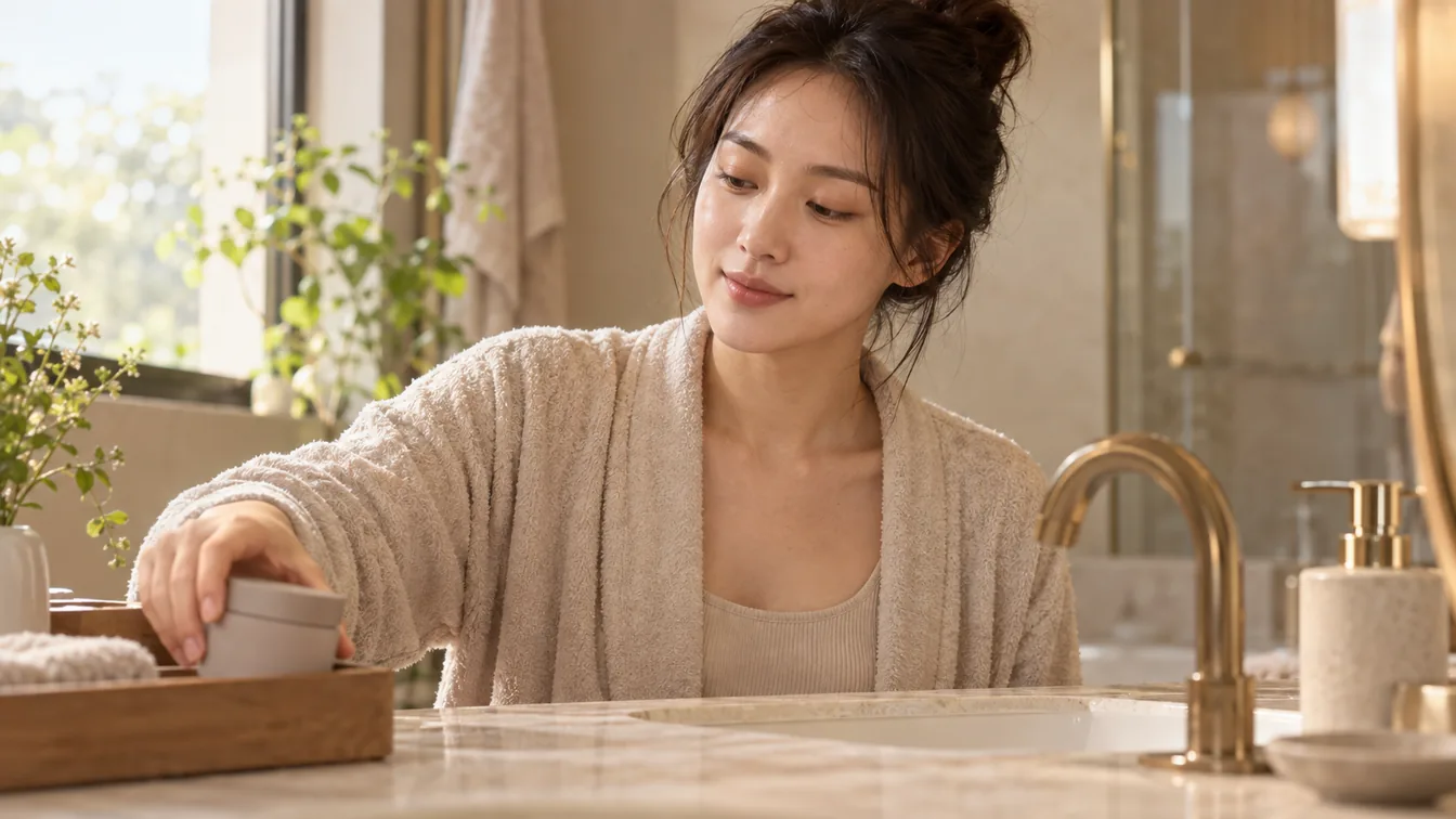 세면대 옆에 놓인 팩과 스크럽 중 하나를 다시 넣어 두는 손