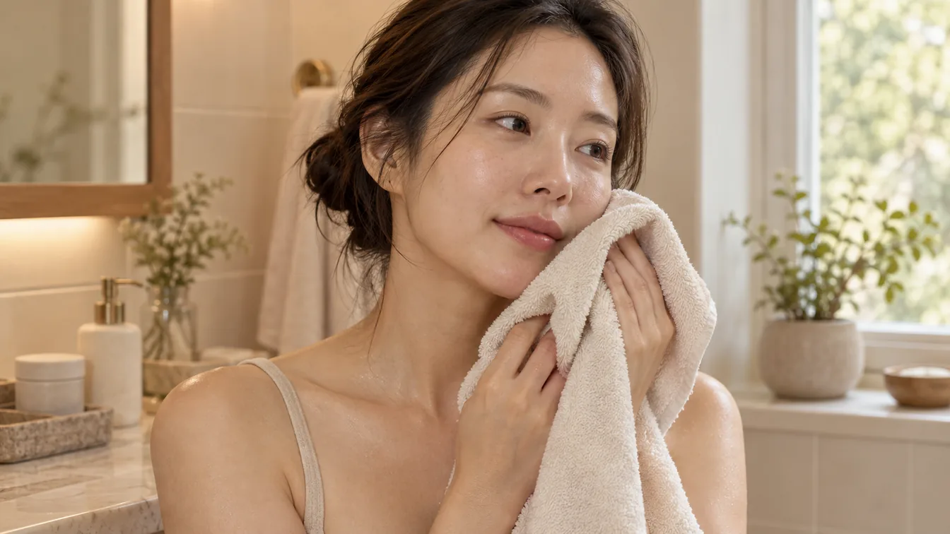 팩을 헹군 뒤 수건으로 얼굴의 물기를 가볍게 누르는 사람