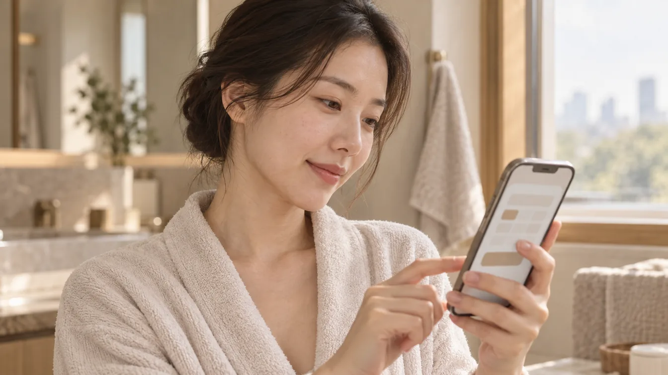 휴대전화로 피부과 진료 예약 화면을 여는 손
