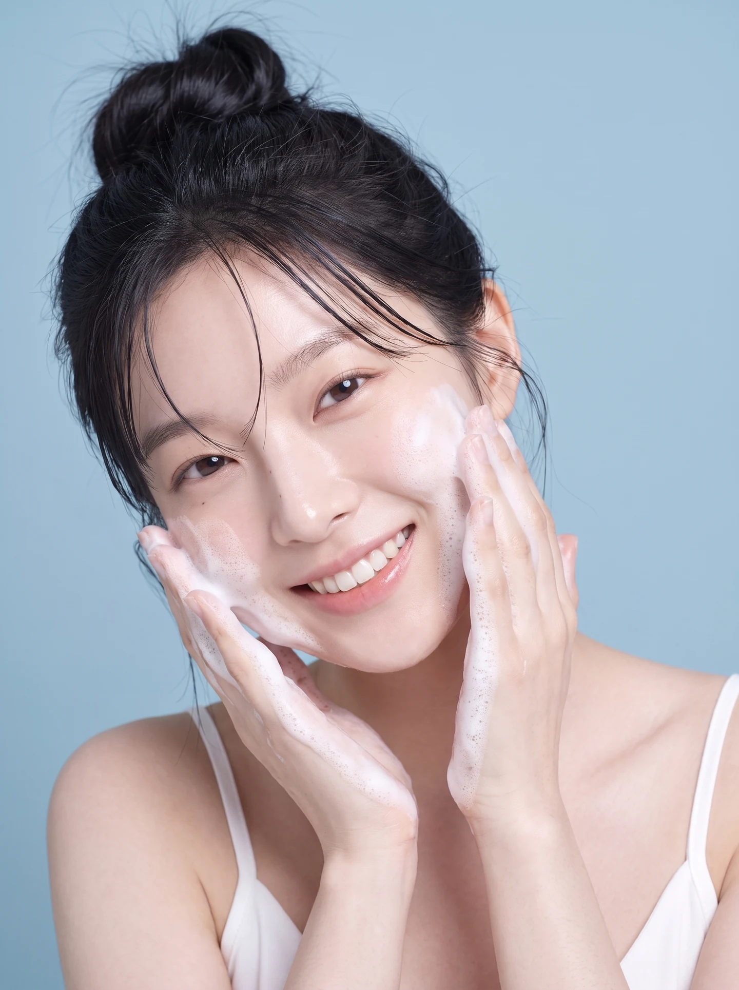 1단계 폼클렌저로 두 손 거품 세안하는 모습