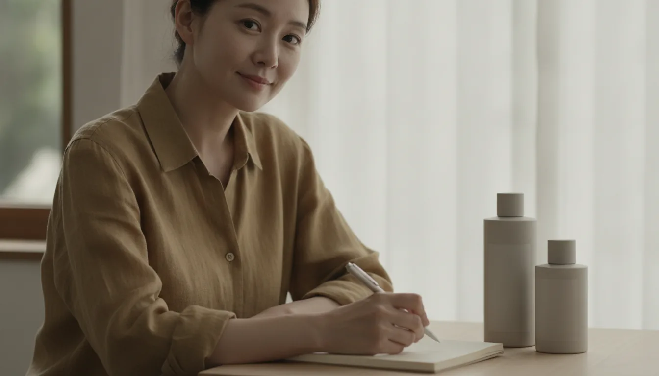 샴푸와 컨디셔너 용기 옆 메모지에 표기를 옮겨 적는 손