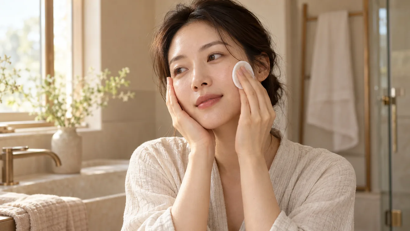 한 손은 손바닥으로 볼을 감싸고 다른 손은 화장솜을 볼에 가볍게 댄 모습
