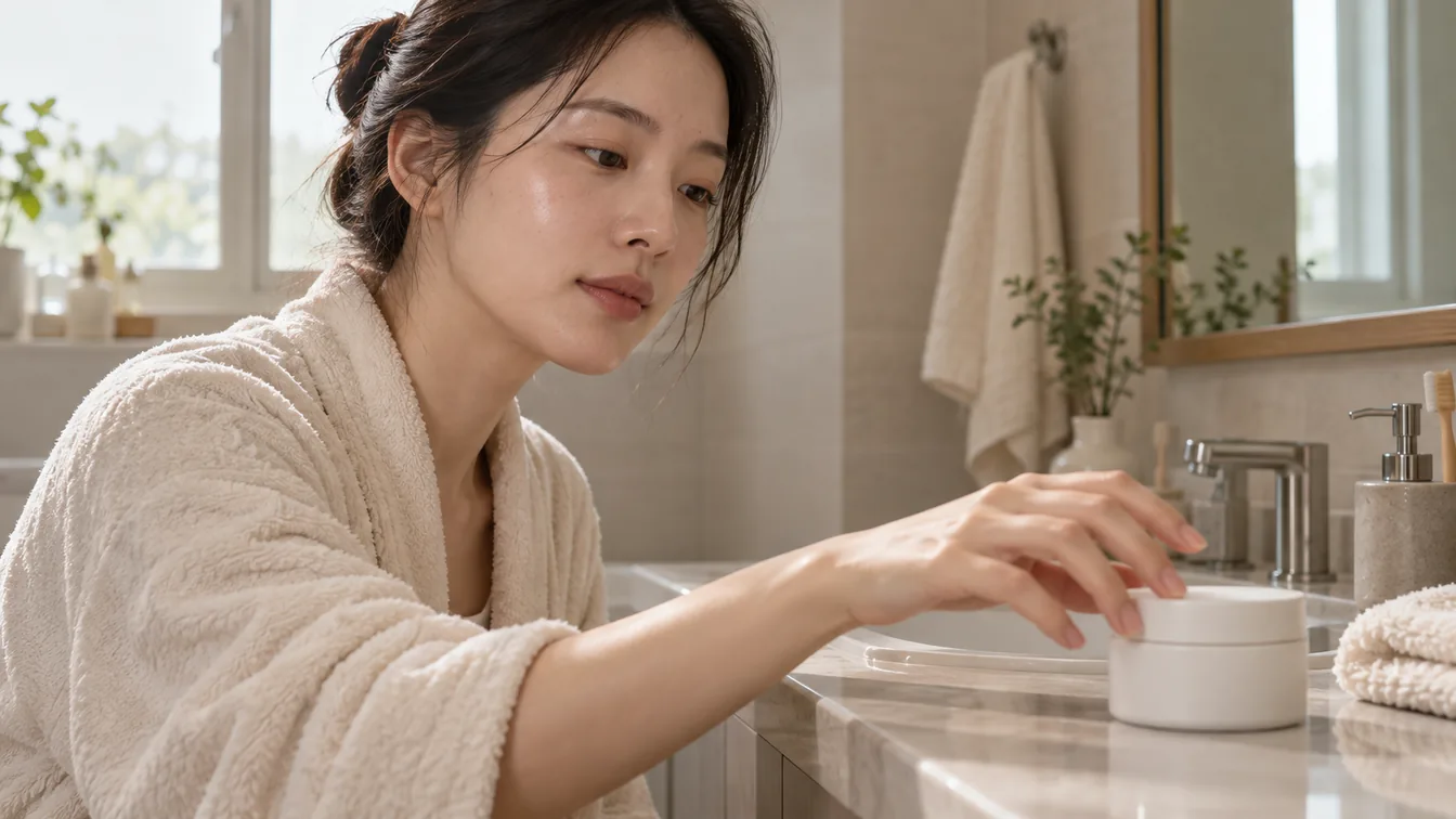 세면대 옆에서 토너를 바른 뒤 보습제 용기를 집어 드는 손